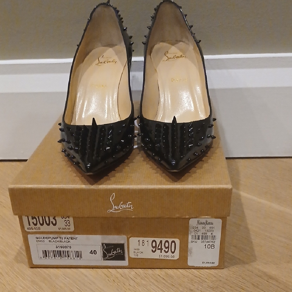AUTHENTIC/REAL Christian Louboutin Black Patent Pointed-Toe Spike Pumps.